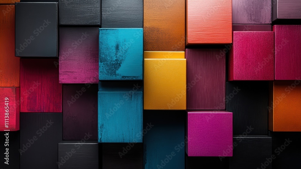Poster this colorful image features a stack of wooden blocks in a vibrant, abstract pattern against a dark 