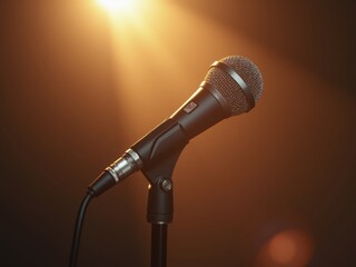 Obraz premium Microphone on stage awaiting performer under warm light