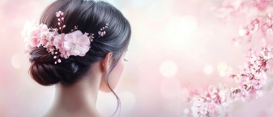 Naklejka premium A woman with a floral hairstyle against a soft, pastel background.