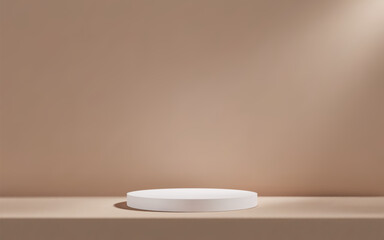 Minimalistic nude beige background with a white podium and table . For product display, branding, and presentations with a clean, modern aesthetic
