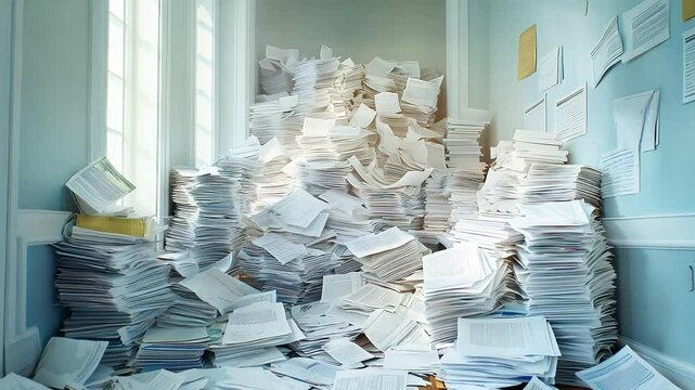 A large pile of paper in an office, Overflowing documents and papers, A large pile of paper documents sits in an office hallway	
