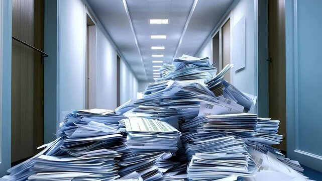 A large pile of paper in an office, Overflowing documents and papers, A large pile of paper documents sits in an office hallway	
