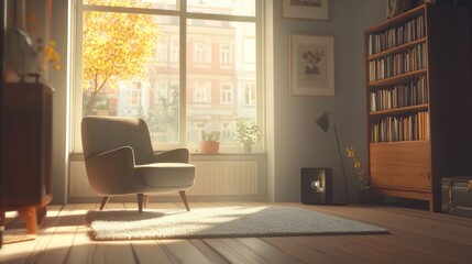 Sunlit Room Armchair Autumnal View Bookshelf