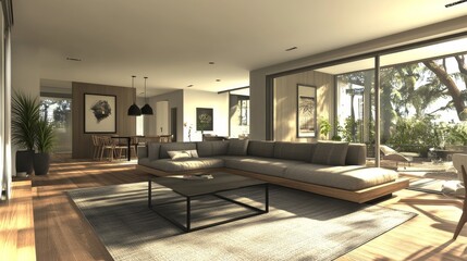 Fototapeta premium Modern living room interior design featuring large windows and natural light in a serene setting