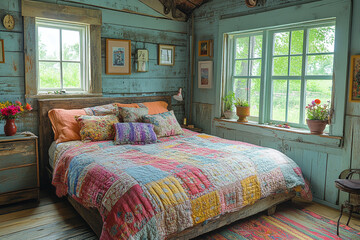 Rustic Cabin Bedroom With Patchwork Quilt and Flowers