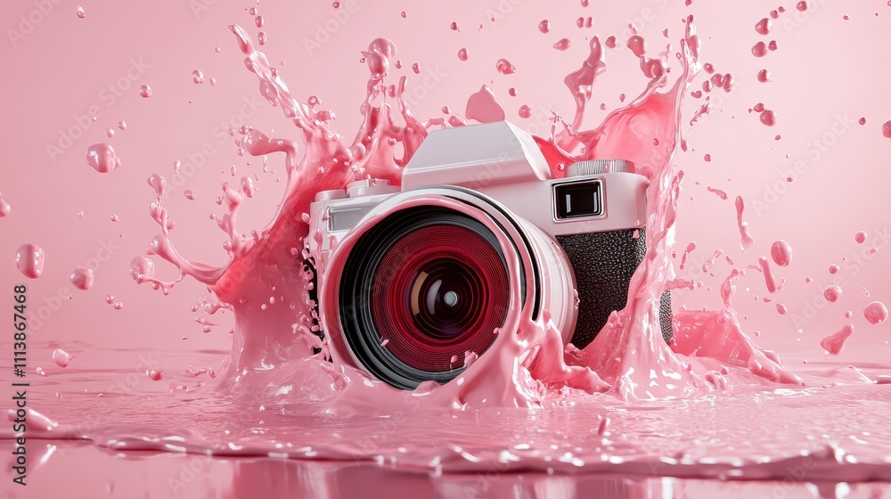 Poster a retro-styled camera is caught in a dynamic pink splash, capturing a moment of artistic flair set a