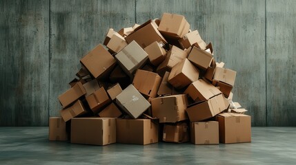 A large, disorganized pile of cardboard boxes is stacked haphazardly against an industrial wall, illustrating chaos and potential in everyday storage items.