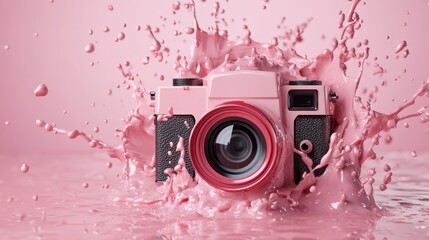 A pink camera immersed in a splash of vibrant pink milk, creating a stunning visual effect that combines technology with art. Ideal for creative stock imagery needs.