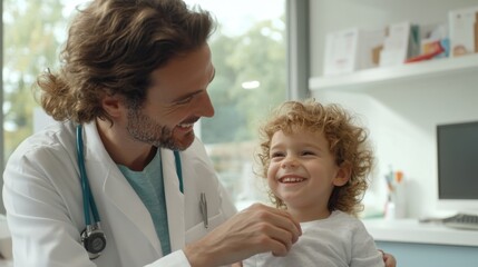 Fototapeta premium A pediatrician gently examining a smiling child patient in a bright, cheerful clinic room,