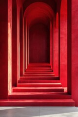Vivid red architectural hallway with dramatic lighting and shadows