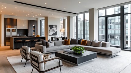 Fototapeta premium Luxurious modern living room with sleek design and city views in a contemporary apartment