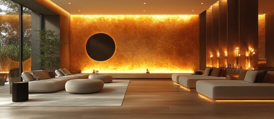 Serene spa lounge with amber wall, low seating, and ambient lighting.