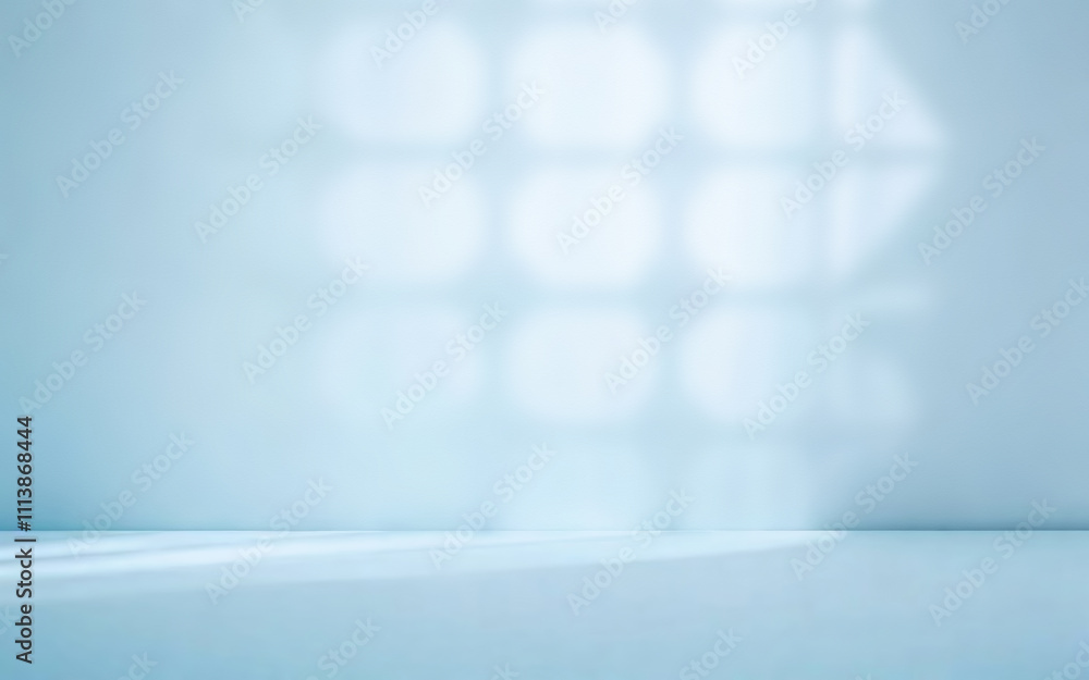 Aufkleber Minimalistic abstract soft blue background for product presentation with light and intricate openwork shadow from the window on the wall.