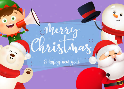 Christmas postcard design with cute Santa, snowman, polar bear, elf holding megaphone on purple background. Vector illustration for New Year poster, greeting card, party invitation templates