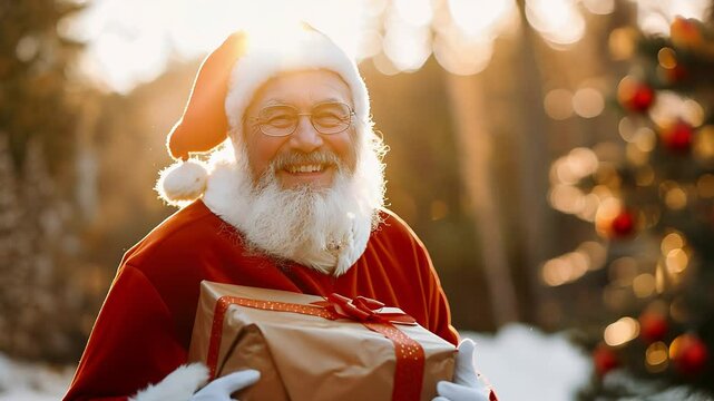 A senior bearded man in santa clause outfit carrying gift boxes, looking at camera and smiling	
