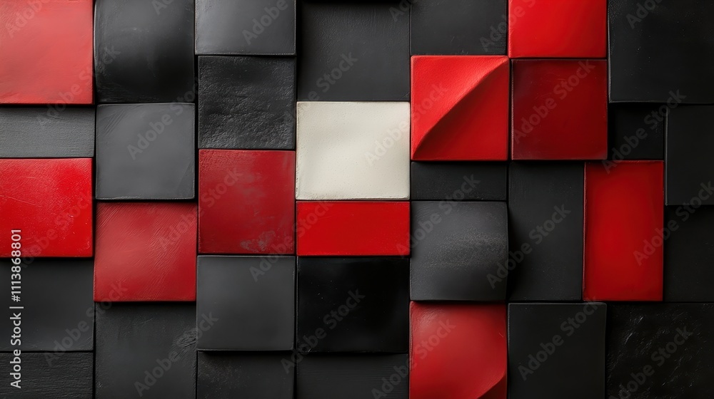 Poster bold abstract design featuring red, black, and gray squares arranged in a textured pattern, creating