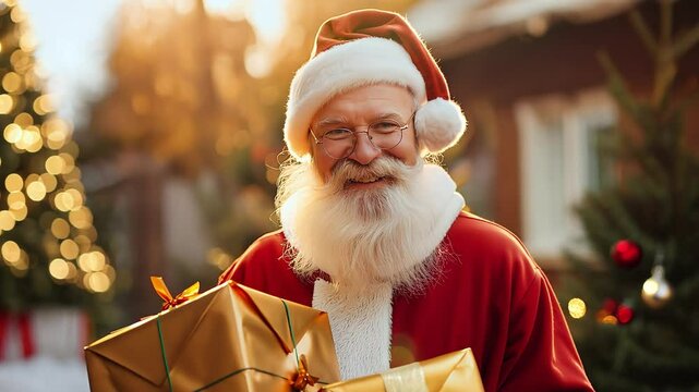 A senior bearded man in santa clause outfit carrying gift boxes, looking at camera and smiling	
