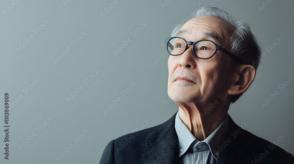 Poster an elderly man with glasses, wearing a charcoal suit, standing in front of a soft gray background wi