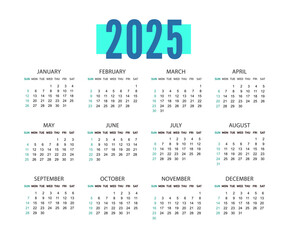 Horizontal simple pocket calendar on 2025 year.