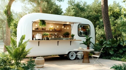 A sleek, modern mobile cafe trailer with a minimalistic design, surrounded by lush plants and trees, creating an inviting and refreshing atmosphere in nature.