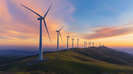 Obraz premium Wind turbines line a hillside as the sun sets, highlighting the potential of wind power as a renewable energy source.