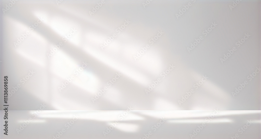 Poster Soft shadow and light from windows on white wall. Minimal abstract light gray background for product presentation.