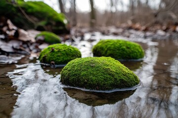 Three Lush Green Moss-Covered Stones Emerging from Calm Water in a Serene Forest Landscape, Capturing the Tranquility of Nature's Beauty in Wintertime