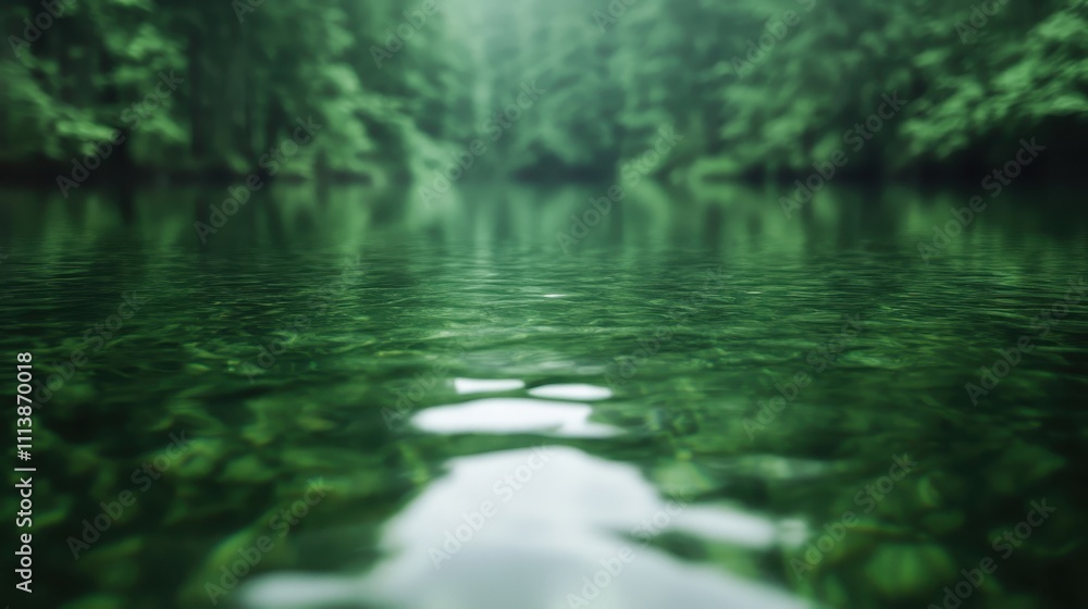 Poster a serene forest pond with a mirror-like surface reflecting lush green trees, creating a tranquil and