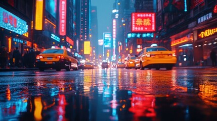 Obraz premium Rainy night in a vibrant city with glowing signs reflecting on wet streets and taxis driving.