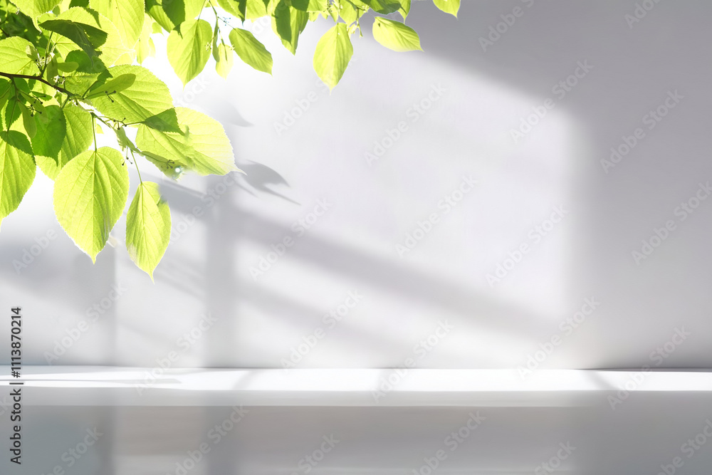 Poster Beautiful shadow from a window and tree leaves on a white wall. Simple minimalistic natural background for presentation.