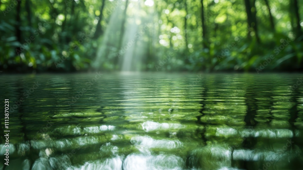 Poster a serene forest pond with gentle sunlight filtering through the dense canopy of trees, casting soft 