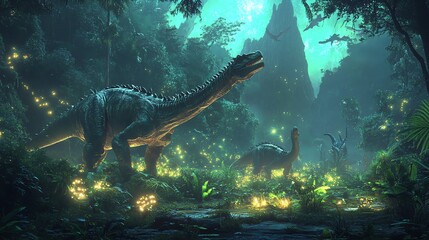 Fototapeta premium A dinosaur stands in a jungle at night with fireflies.
