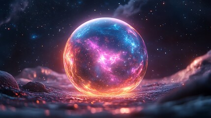 A luminous orb with glowing edges reflecting dynamic iridescent colors and surrounded by faint stars