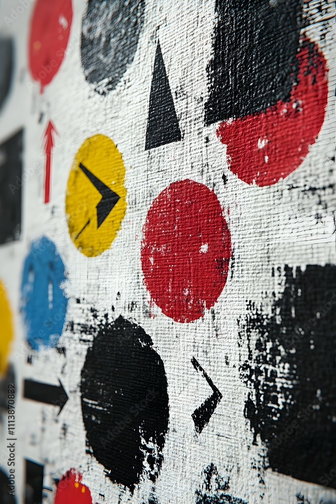 Poster abstract art with textured circles, arrows, and shapes on canvas.