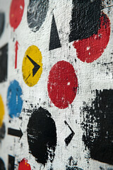 Fototapeta premium Abstract art with textured circles, arrows, and shapes on canvas.
