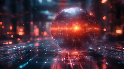 A futuristic holographic sphere blending dynamic light streaks with internal holographic symbols