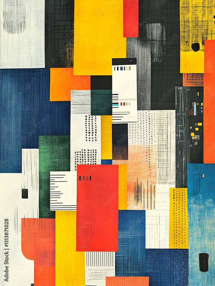 Poster abstract collage of colorful rectangles and data sheets.