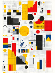 Obraz premium Abstract collage of charts, graphs, and geometric shapes in red, yellow, and blue.