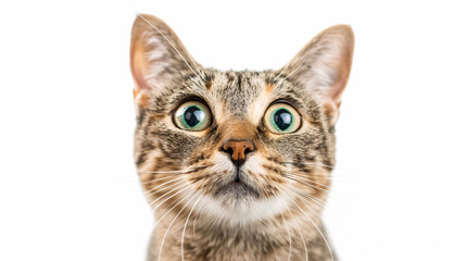 Portrait of a Surprised Cat: Close-up, isolated on a white background.