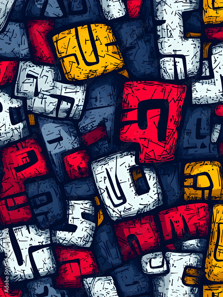 Poster abstract colorful geometric pattern with textured squares and lines.