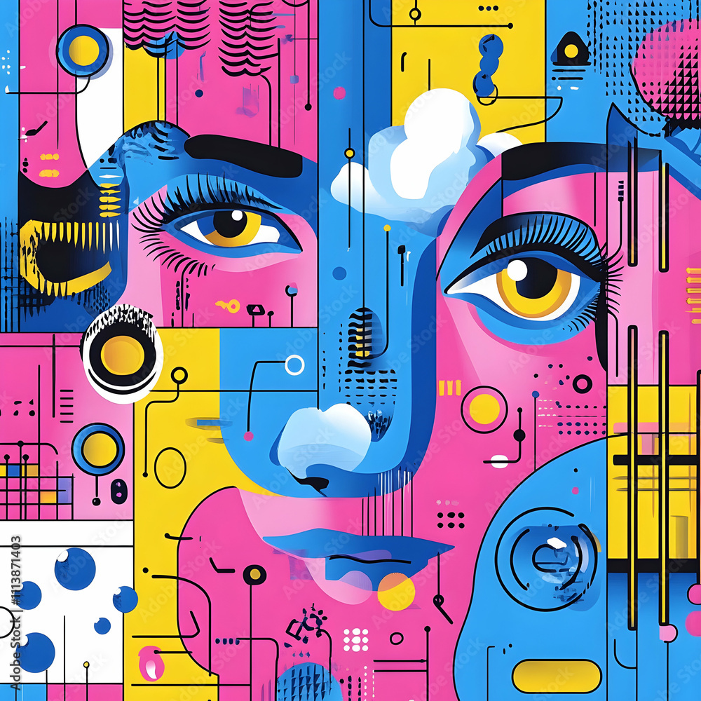 Poster abstract colorful portrait with geometric shapes and lines.