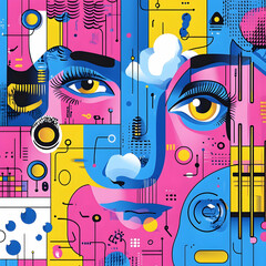 Abstract colorful portrait with geometric shapes and lines.