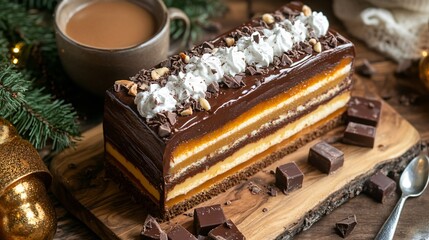 Jello cake with alternating chocolate and caramel layers, served on a wooden board with a side of hot cocoa