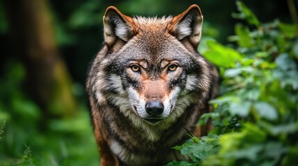 Obraz premium A wolf stares intently from behind a curtain of leaves.