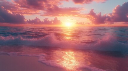 Fototapeta premium Vibrant sunset over calm ocean waves on sandy beach.