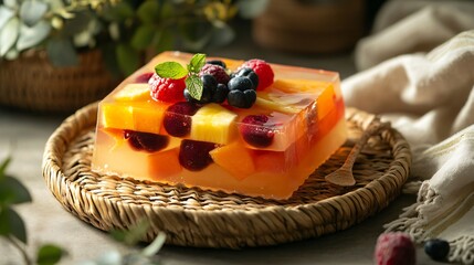 Jello cake with visible layers of fresh fruit, styled on a woven basket with linen cloth for a rustic touch