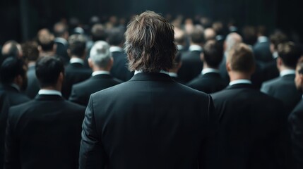 A solitary individual is distinct due to their longer hair amidst a uniform crowd all wearing suits, portraying themes of uniqueness and conformity in society.