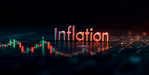 Inflation Concept: Text and Stock Market Chart on Dark Background. Financial Crisis, Economic Downturn, Rising Prices Visualization.