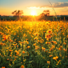 field of flowers and sunset in the field