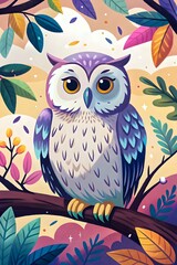 Obraz premium Colorful Cartoon Owl Perched Beautiful Branch Surrounded Vibrant Leaves Magical Background Nature